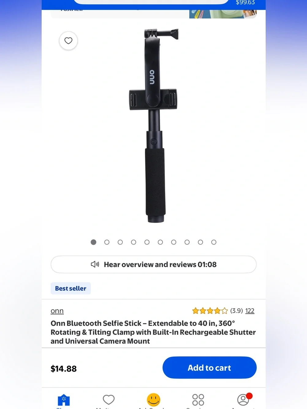 Onn Black Bluetooth Selfie Stick with Extendable Handle